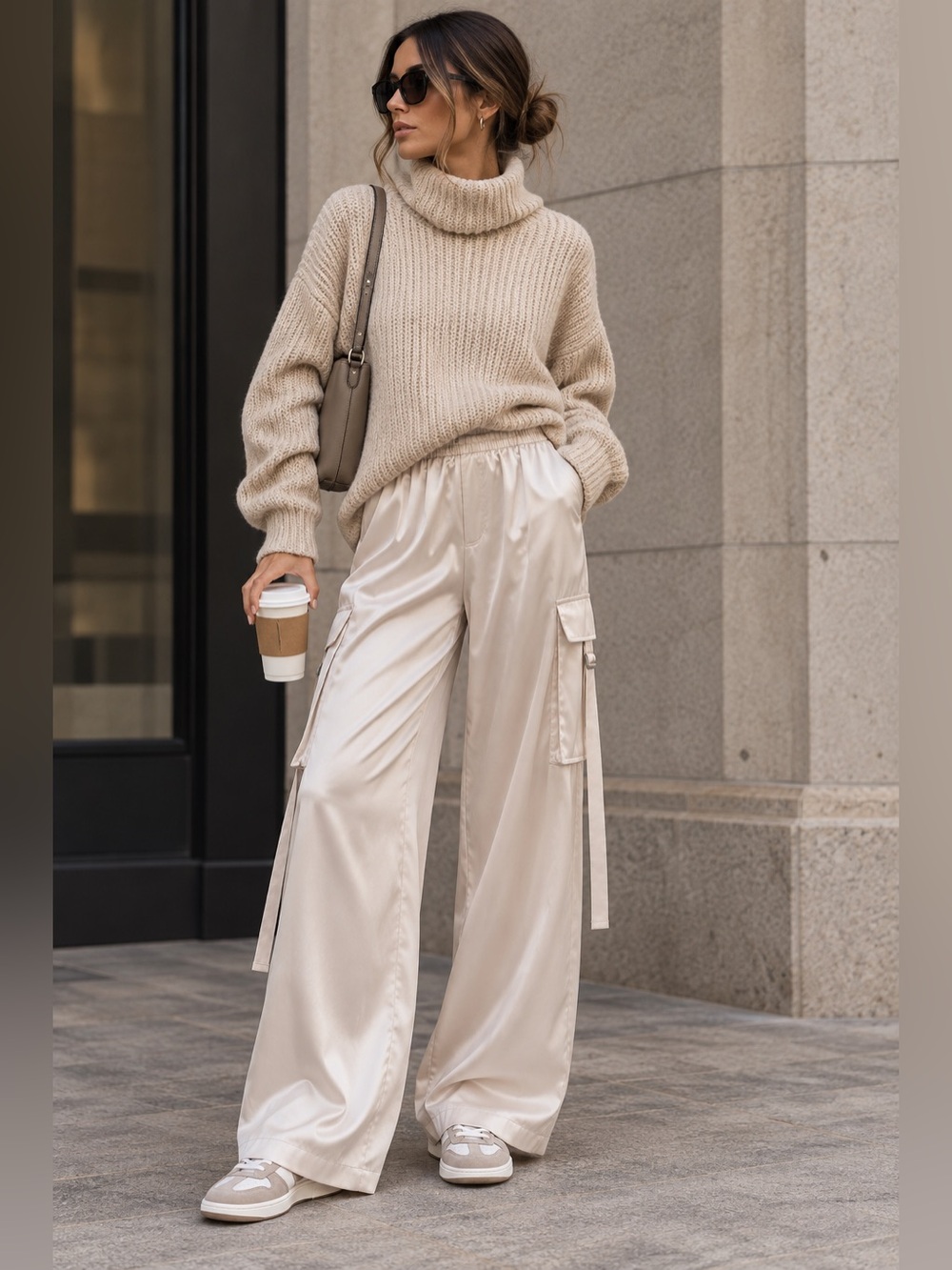 ZARA Satin Effect Cargo Pants Cream Ivory Size S NWT $119